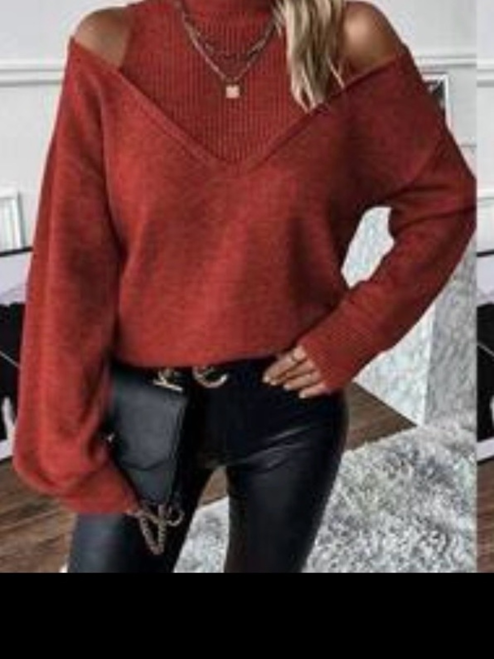 Rust Cold-Shoulder Knit Turtleneck Sweater - Women